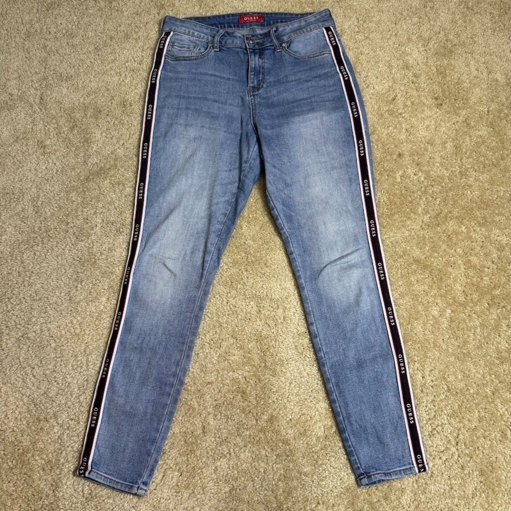 Guess Skinny Jeans Women's Size 28 Light Wash Logo Tape Side Stripe Denim 28x28